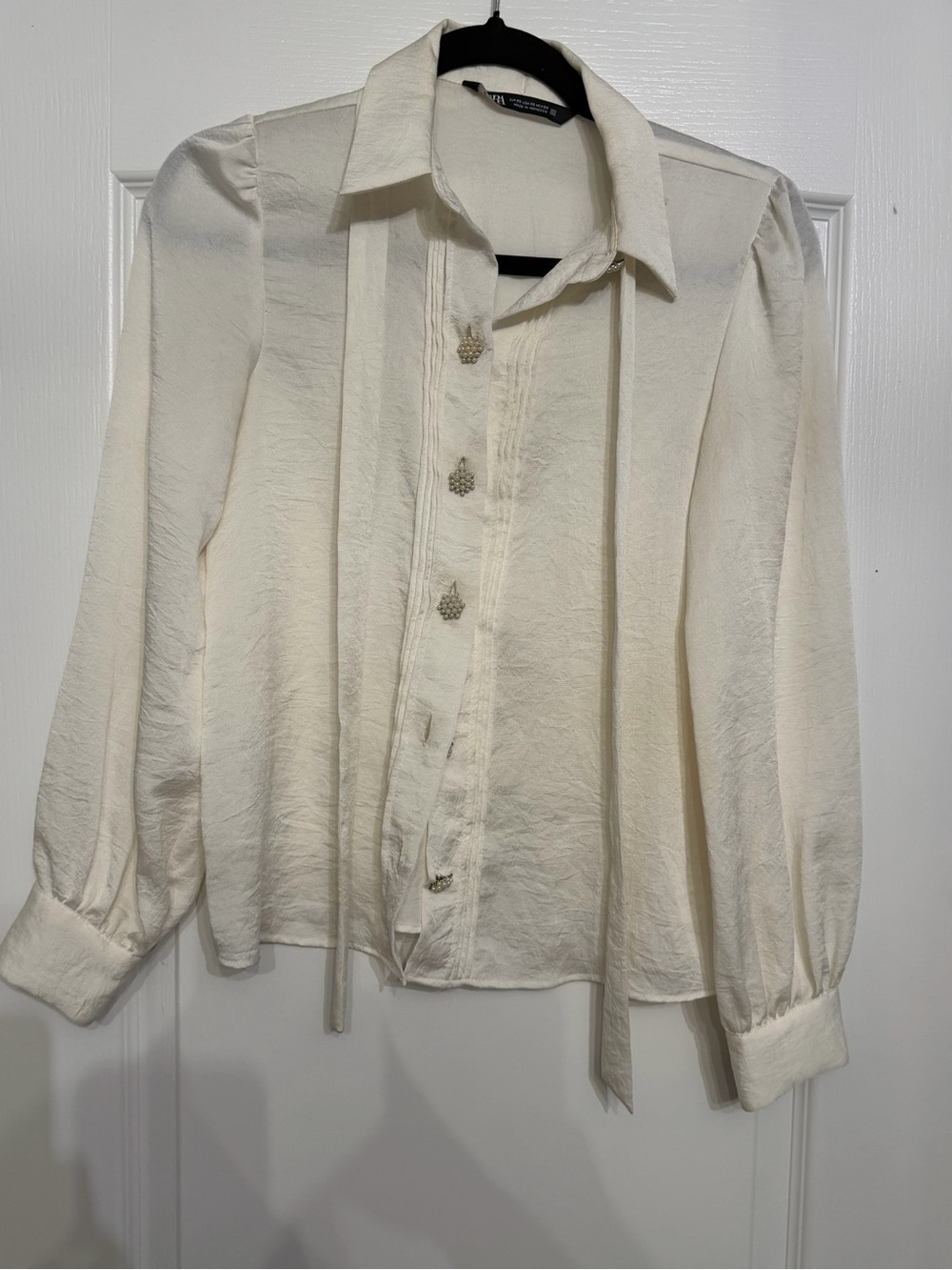 ZARA Cream Long-Sleeve Tie-Neck Blouse